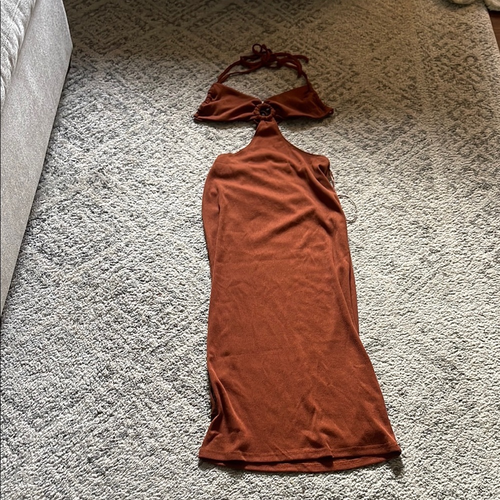 Cooper Brown Halter Dress with cut outs